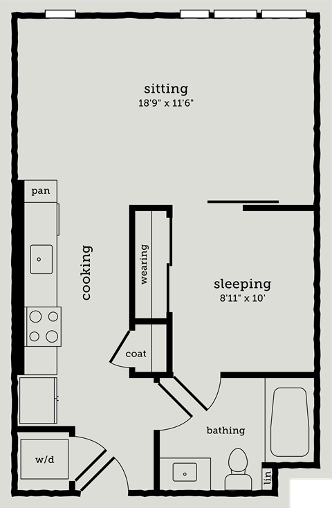Floor plan for 1 bed, 1 bath, 599 sqft